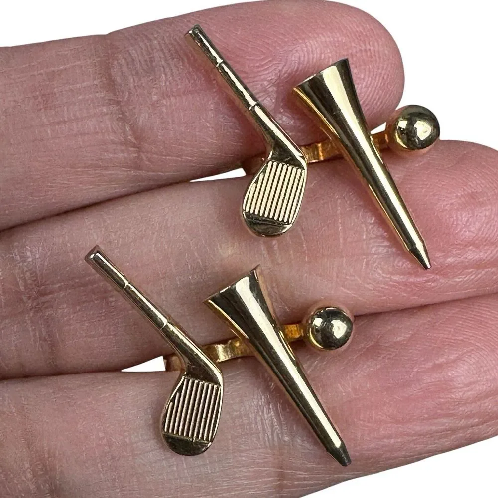VTG Anson Pat Pend Golf Club Tee Ball Tigers Eye Stone Cufflinks‎ Gold Plated